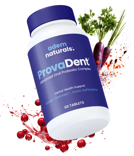 ProvaDent Formula and Plant-Based Ingredient Visual ProvaDent bottle displayed with plant-based ingredient imagery